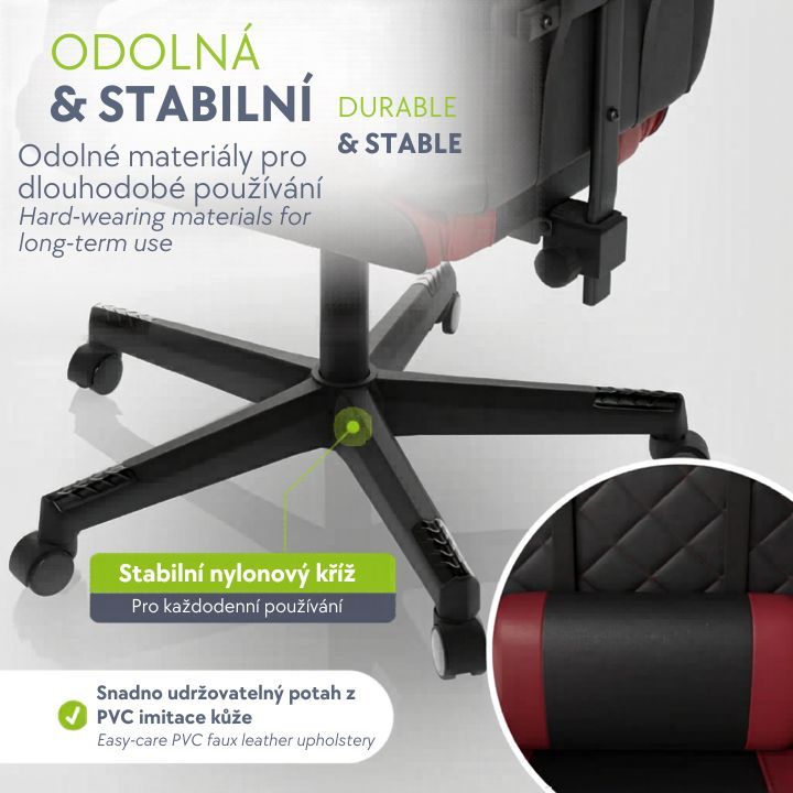 Ergonomická herná stolička, čierna/červená, vankúšiky,