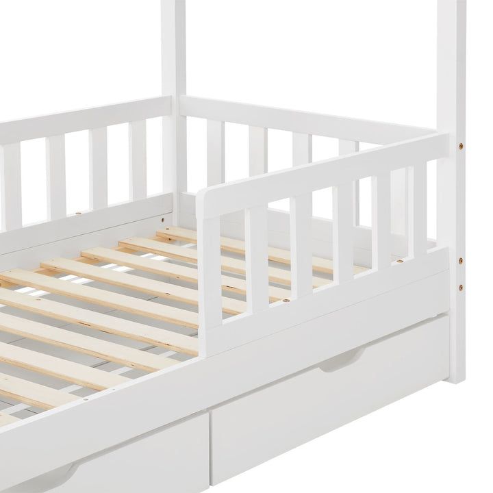 Detská posteľ 160x80, biela s roštom, zábranou a šuplíky