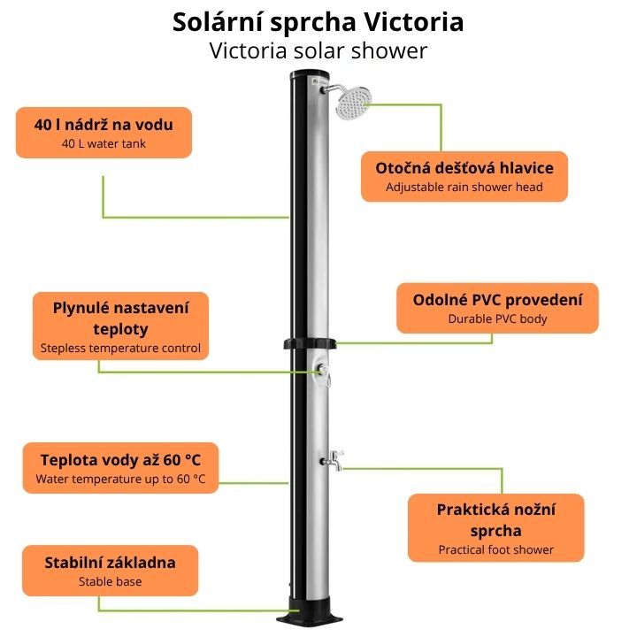 Vonkajšia solárna sprcha 40 l s dažďovou hlavicou a reguláci