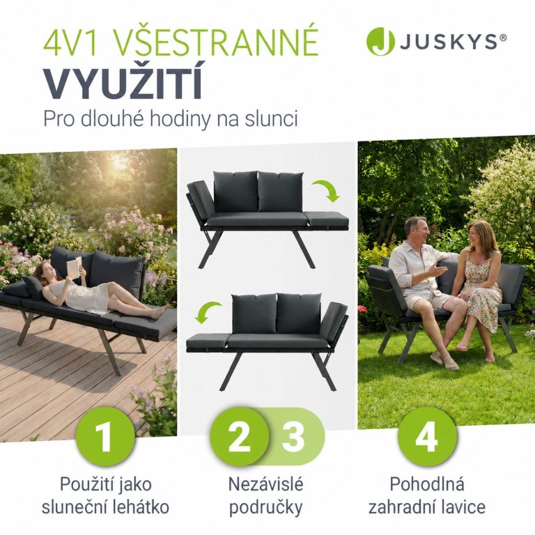 Zahradní lavice 2v1 v různých pozicích a situacích použití: lehátko, složené područky, posezení ve dvou v zahradě