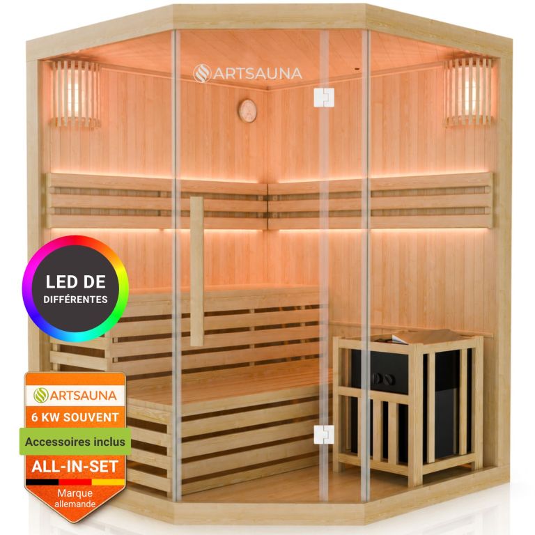 Rohová finská sauna 150x150 cm 6 kW, LED, bezpečnostní sklo