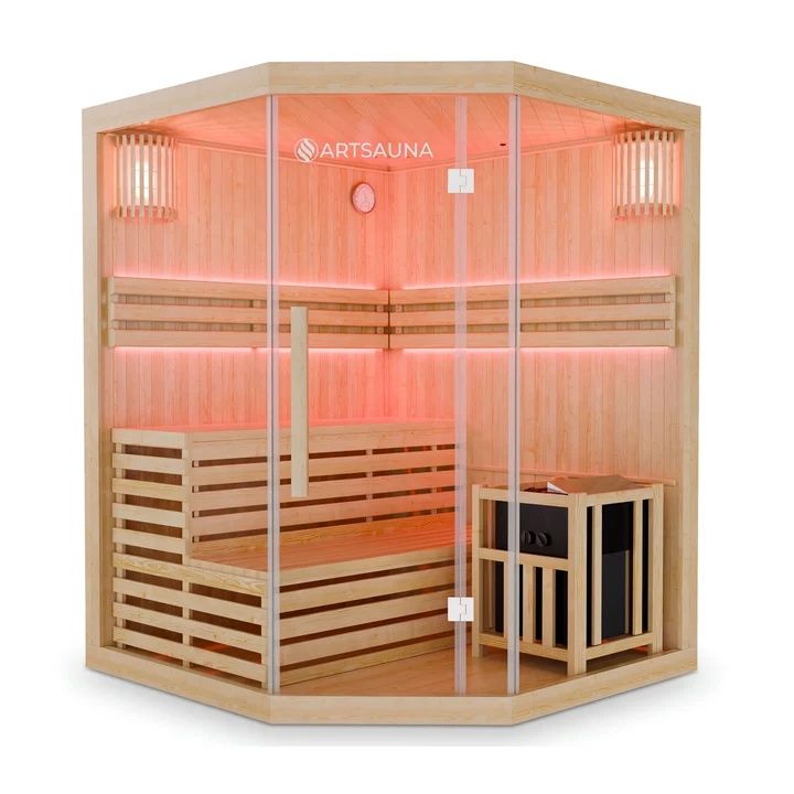 Rohová finská sauna 150x150 cm 6 kW, LED, bezpečnostní sklo