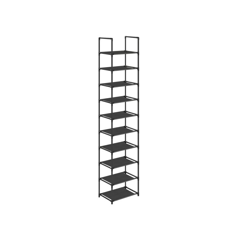 SONGMICS botník 10 políc, čierny, kovový rám, 33x33x173 cm