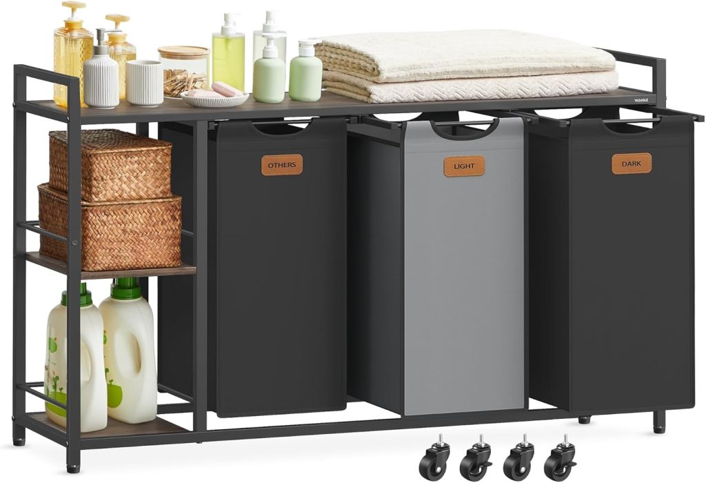 VASAGLE koš na prádlo 150 L, 3 přihrádky, hnědo-černý