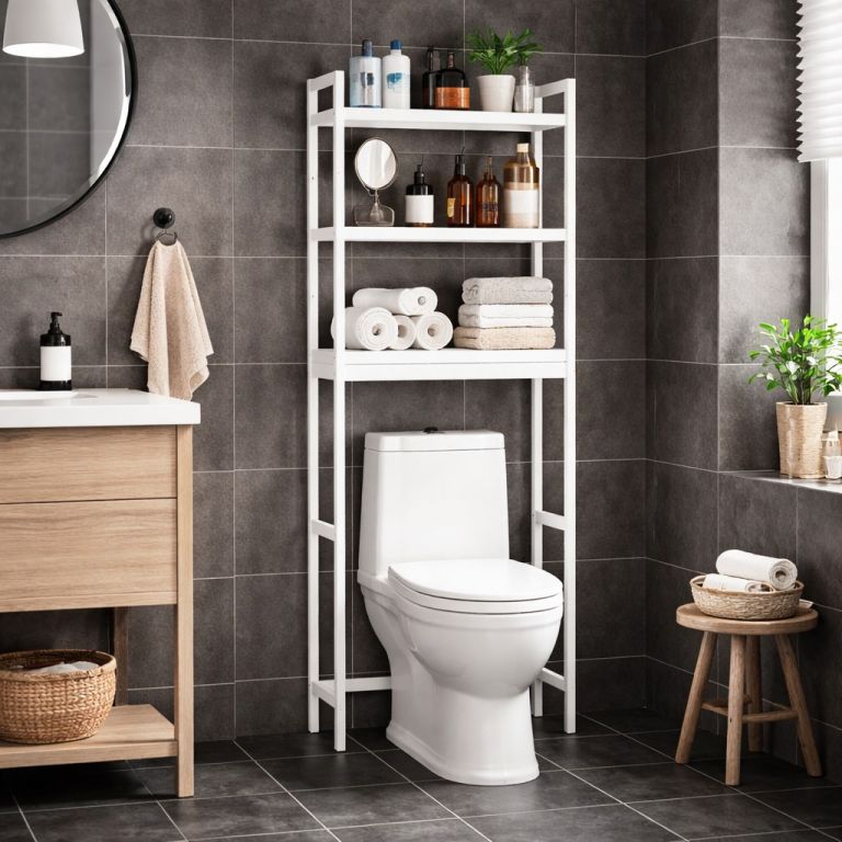 Bambusová a oceľová polica, 3 poschodia, biela, 63×26×170 cm