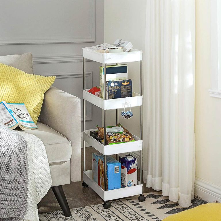 Úzky pojazdný regál na kolieskach, 4 poschodia, 40x22x86 cm