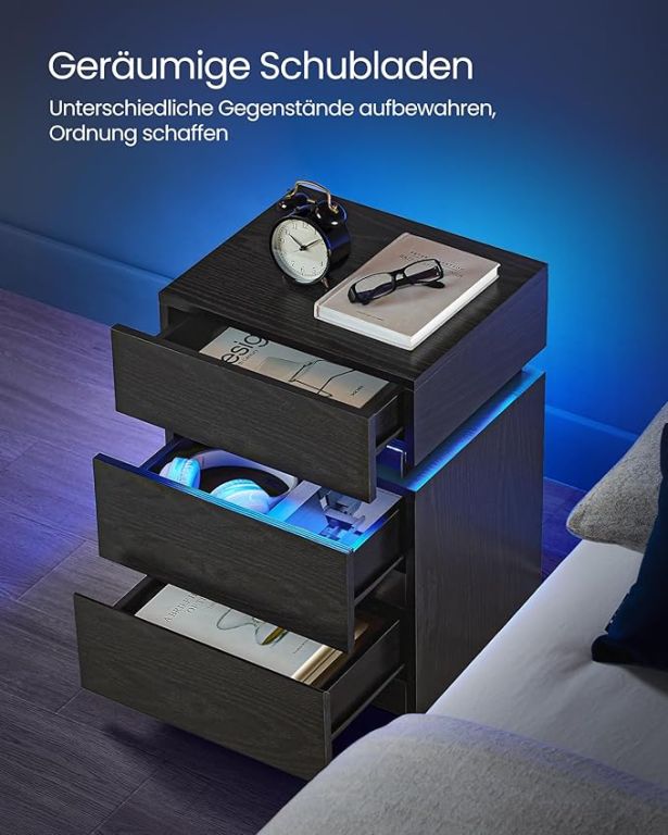 Nočný stolík s LED osvetlením, 3 zásuvkami, čierny