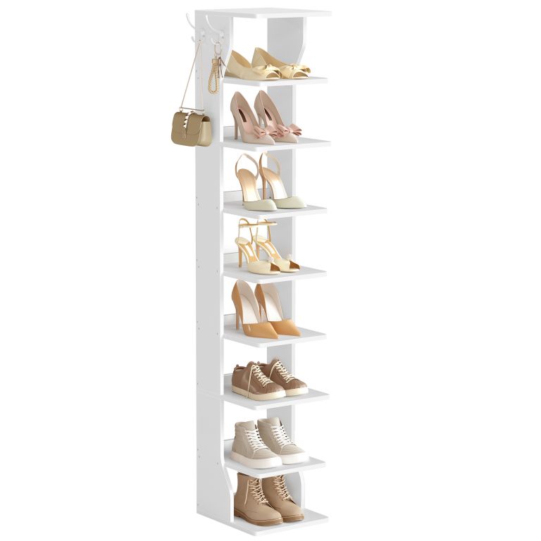 Biely úzky botník s háčikmi, 9 políc, 26,5 x 30 x 147 cm