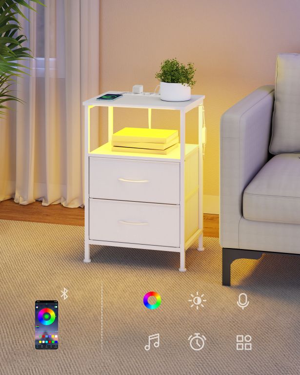 Biely nočný stolík s LED, USB a zásuvkami, 39,6x30x60,4 cm