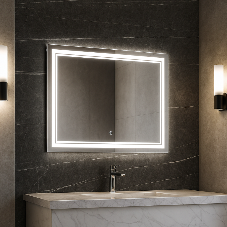 Designové zrcadlo s LED, 70x90 cm, 3 barvy světla, hliník