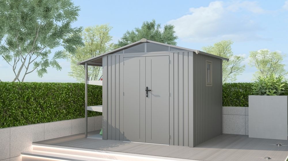 Záhradný plechový domček AMY X-B s regálmi a oknom, sivý