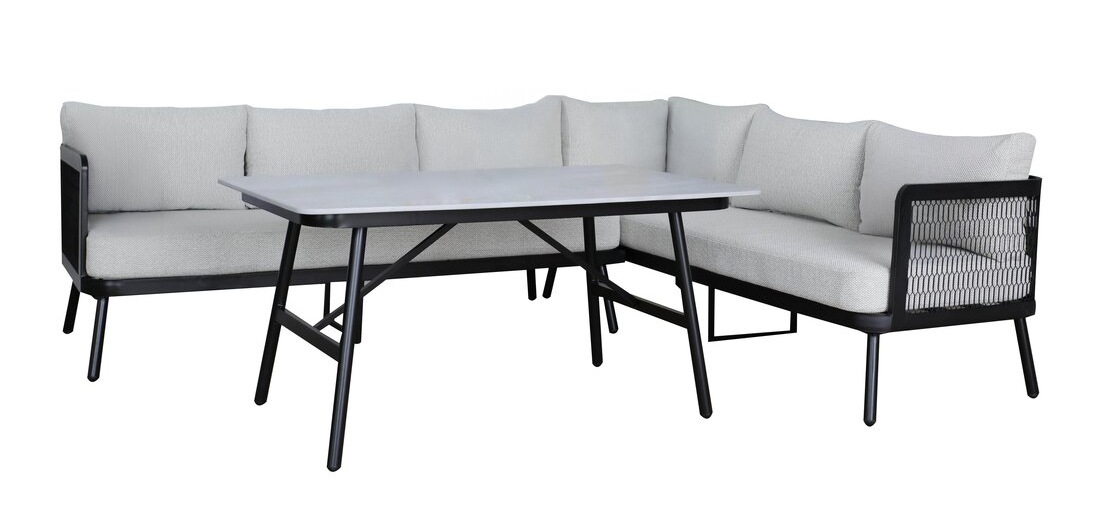 Moderná hliníková rohová súprava, čierna, svetlosivá, kameň